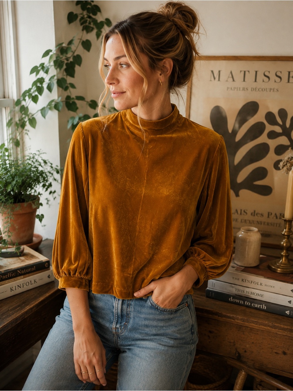 Tomorrowland Silk Blend Velvet Mock Neck Blouse Mustard Gold Size 36 Small Japan